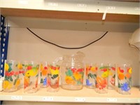 GLASS PITCHER AND DRINKING GLASSES W/FRUIT DESIGN