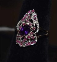 Sterling Silver Ring w/ Rubies & Dark Purple