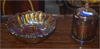Vtg Carnival Glass Biscuit Jar and Bowl