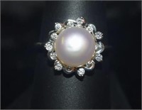 Size 9 Sterling Silver Ring w/ Pearl and White