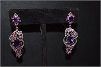 Sterling Silver Earrings w/ Rubies & Dark Purple