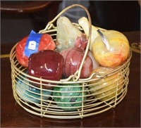 Vtg Carved Decorative Fruit w/ Metal Basket