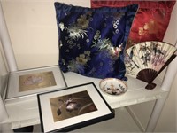 Oriental Pillows, hand fan and two silk pictures