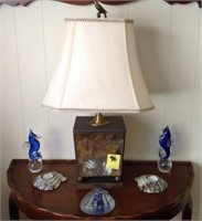 Lamp, 2 glass seahorses, candle