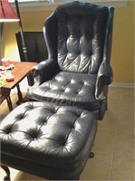 Navy Leather Queen Anne style wing back chair