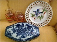 Contents of curio cabinet:  bird plate,
