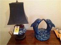 Delft style small lamp, ceramic type dolphins