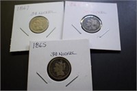 (3) Three-Cent Nickel Coins - 1865, 66, 67