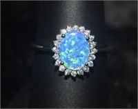 Size 9 Sterling Silver Ring w/ Blue Opal and White