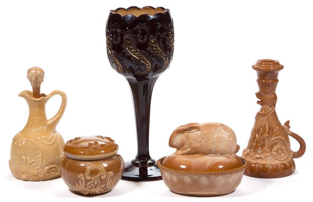 Collection of Greentown and other chocolate glass including an extremely rare ruby-stained Chrysanthemum Leaf 10 1/4" high chalice