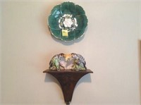 Green bowl, pair of toucans, tin shelf