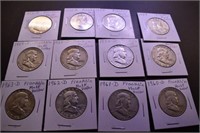 (12) Franklin Half Dollars - Date Range 1963d-1949