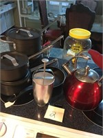 Wolf Gang Puck tea kettle, batter dispenser, pots