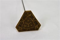 Embossed and Patinated Brass Triangular Hatpin