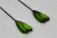 Pair of Green Glass Art Nouveau Heart Hatpin