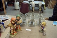 3 glass dresser lamps, ceramic figurines
