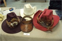 2 suede hats with feathers, leather visor
