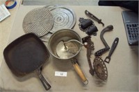 Cast Iron stove handles, match box, ricer,