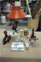 marble base lamp, dog figurines, holland