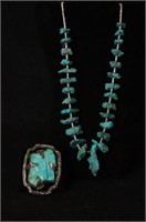 Indian Raw turquoise stone necklace signed buckle