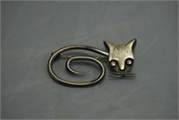 Mexican Sterling Silver Stylized Cat Brooch Signed