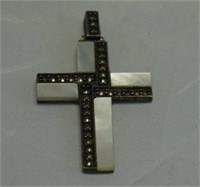 Sterling 925 Cross Pendant Marcasite & White Shell