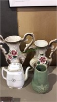 China group, 2 teapots, McCoy green pottery vase,