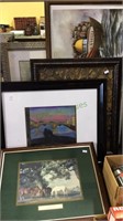Five framed prints, horses, oil pastel, ship and