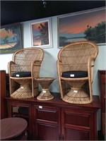 Set of two rattan chairs with. One ottoman