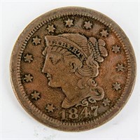Coin 1847 Braided Hair Large Cent  AU