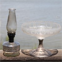 Hawkes Sterling & Glass Dish & Glass Oil Lamp