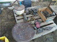 Pallet of old horns, lights, block & tackle