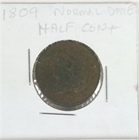 1809 NORMAL DATE HALF CENT COIN