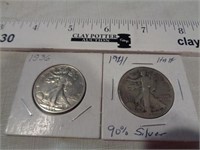 1936 & 1941 Silver Walking Liberty Halves