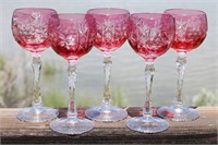 5 Cranberry Hand Cut Lead Crystal Wine Glasses
