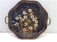 Nice Vtg Serving Tray  Dried Flowers Under Glass
