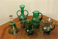 5 PIECES GREEN EDWARDIAN GLASS
