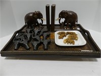 CARVED TRAY W/ ELEPHANT BOOK ENDS, ETC.