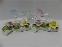 2 FLORAL CANDLE HOLDERS, 3 GLASS HORSES