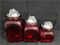 3PC RED GLASS CANISTER SET W GRAPE MOTIF LIDS