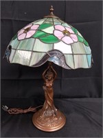 BRONZE STAINED GLASS TIFFANY STYLE LAMP W JEWELS