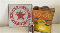 2 gal Co-Op oil can & Texaco metal sign