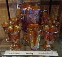 Gold Carnival Glass Pitcher & Glasses Set