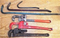 Three Pipe Wrenches & Three Pry Bars