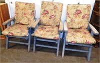 Three Vintage Wood Patio Chairs with Cushions