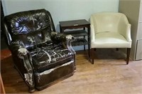 3 shelf side table, brown recliner cream chair