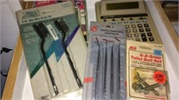 Calculators, Stamp pan, pick set, wire brushes,
