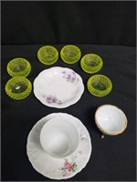 6PC VASELINE GLASS OPEN SALTS AND CHINA PCS