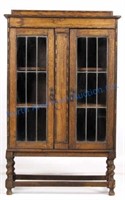 Early Oak Curio Cabinet w/ Framed Leaded Glass