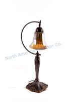 Antique Bronze Lamp with Carnival Art Glass Shade